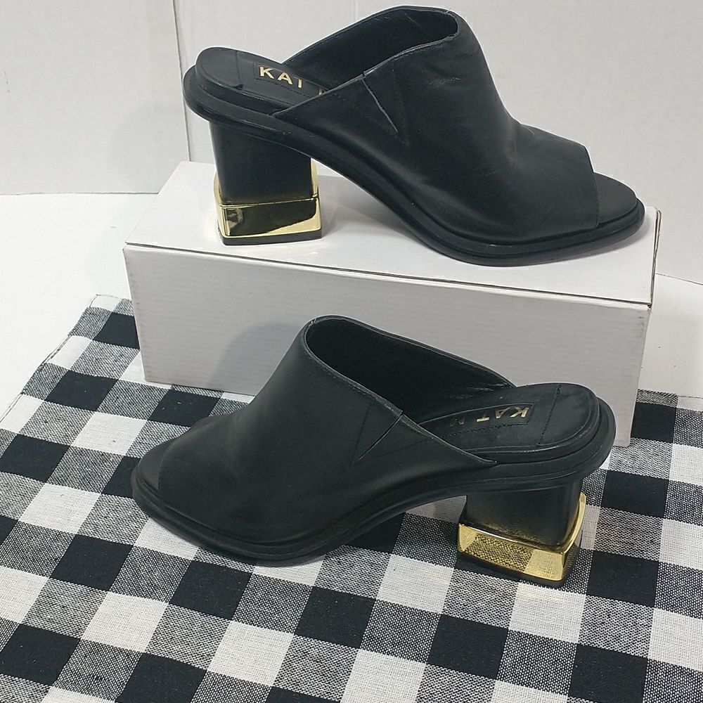 Kat Maconie Womens Sandal Block Heels Shoes Black Leather Slip On Peep Toe 8 - Picture 2 of 10